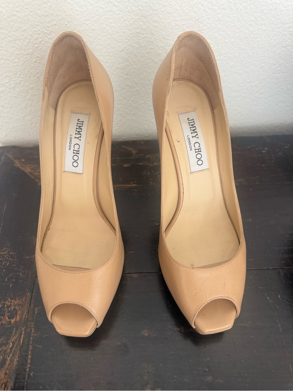 Jimmy Choo Nude Peep-Toe Leather Pumps